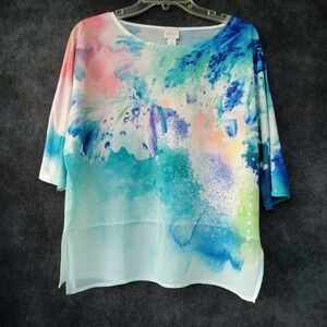 Chico's Abstract Watercolor Print Top Size 1 Grannycore Coastal Nautical Casual